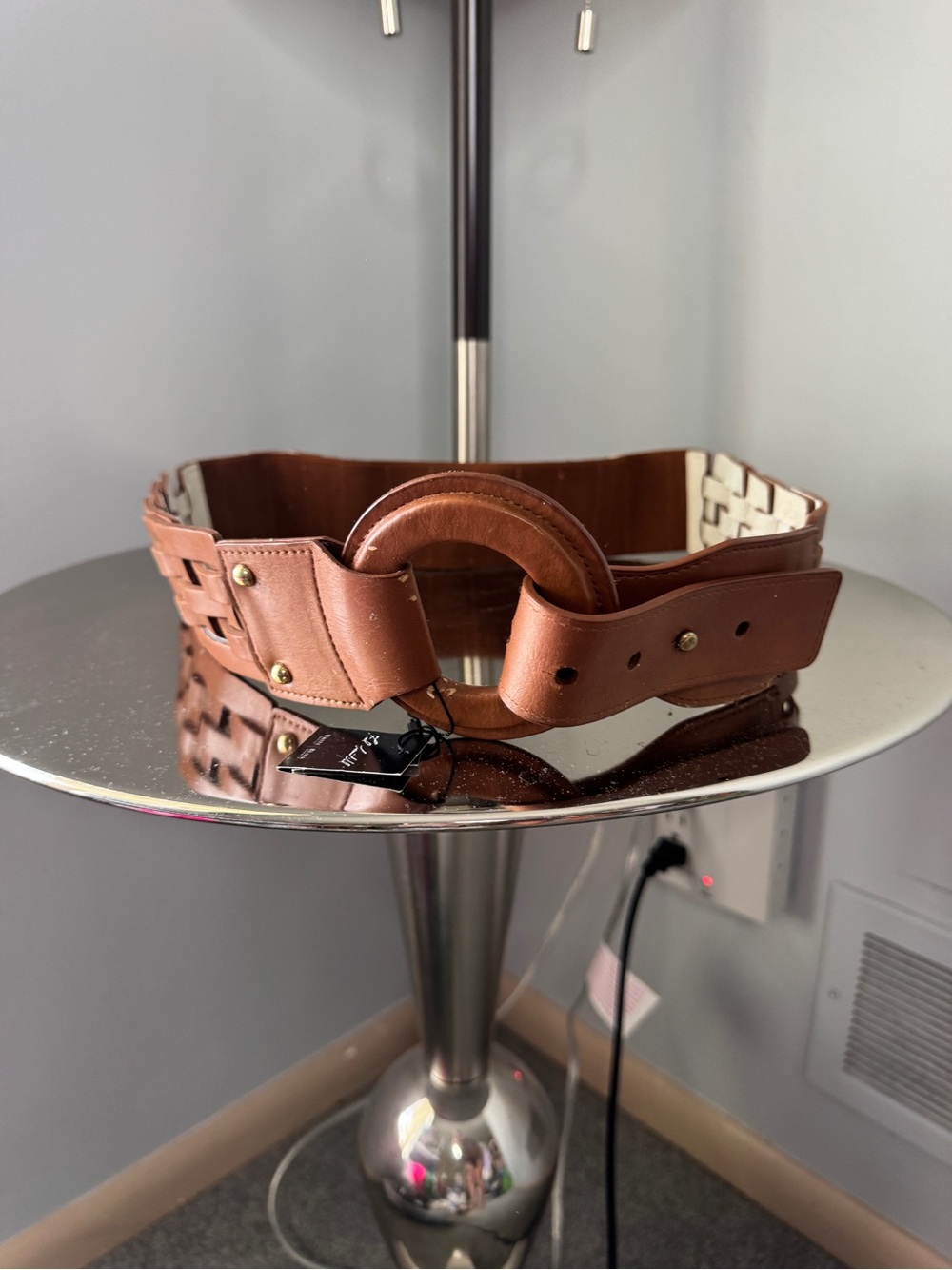White House Black Market Brown Leather Waist Belt with Round Buckle